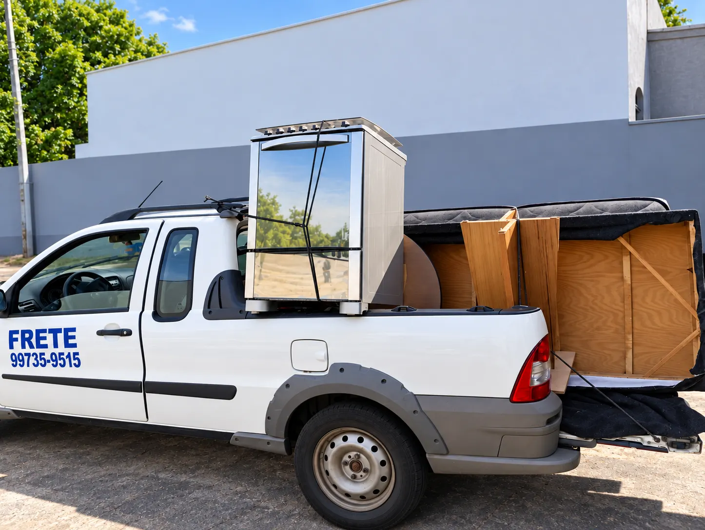 Caminhonete da Rezende Fretes carregada com armário e colchão em Maringá